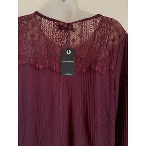 Lucky Brand Womens Waffle Knit Lace Yoke Top Burgundy Long Sleeve 7W06970 Larg